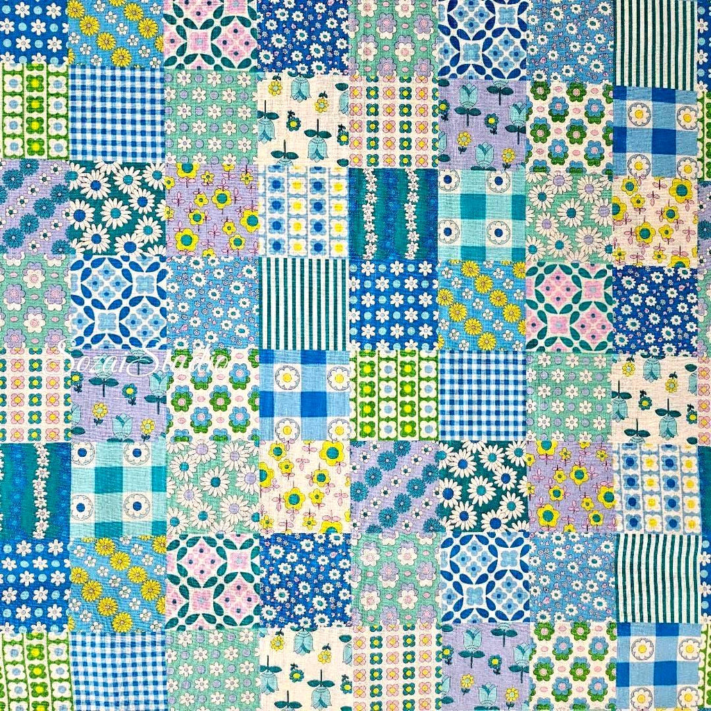 Japanese Floral Fabric: 70s Retro Cotton Patchwork, Blue - by the yard