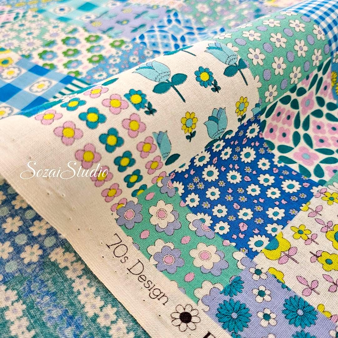 Japanese Floral Fabric: 70s Retro Cotton Patchwork, Blue - by the yard