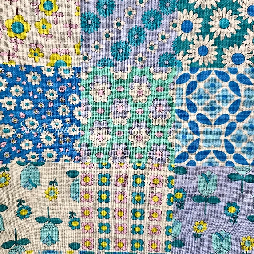 Japanese Floral Fabric: 70s Retro Cotton Patchwork, Blue - by the yard