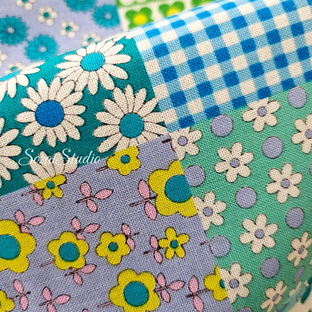 Japanese Floral Fabric: 70s Retro Cotton Patchwork, Blue - by the yard