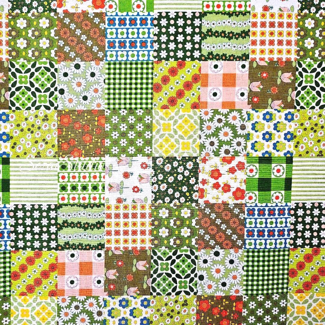 1 yard, Japanese Floral Patchwork Fabric: Green, 70s Retro Koko Seki Design