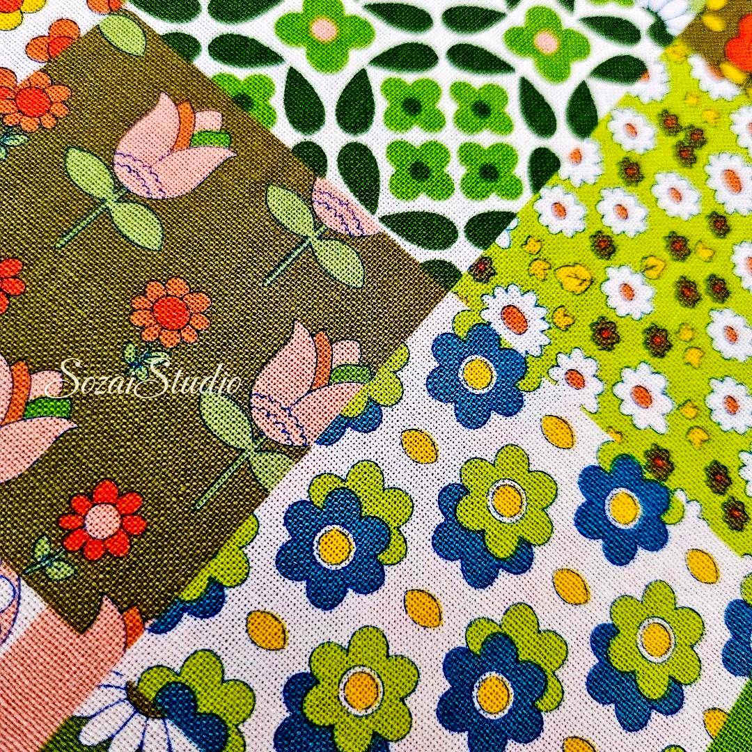 1 yard, Japanese Floral Patchwork Fabric: Green, 70s Retro Koko Seki Design