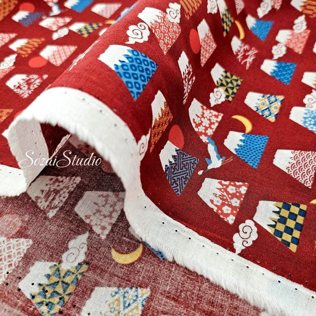 Japanese Fabric - Kawaii FUJI Mountain, BURGUNDY - 100% Cotton Square Printed, by the yard