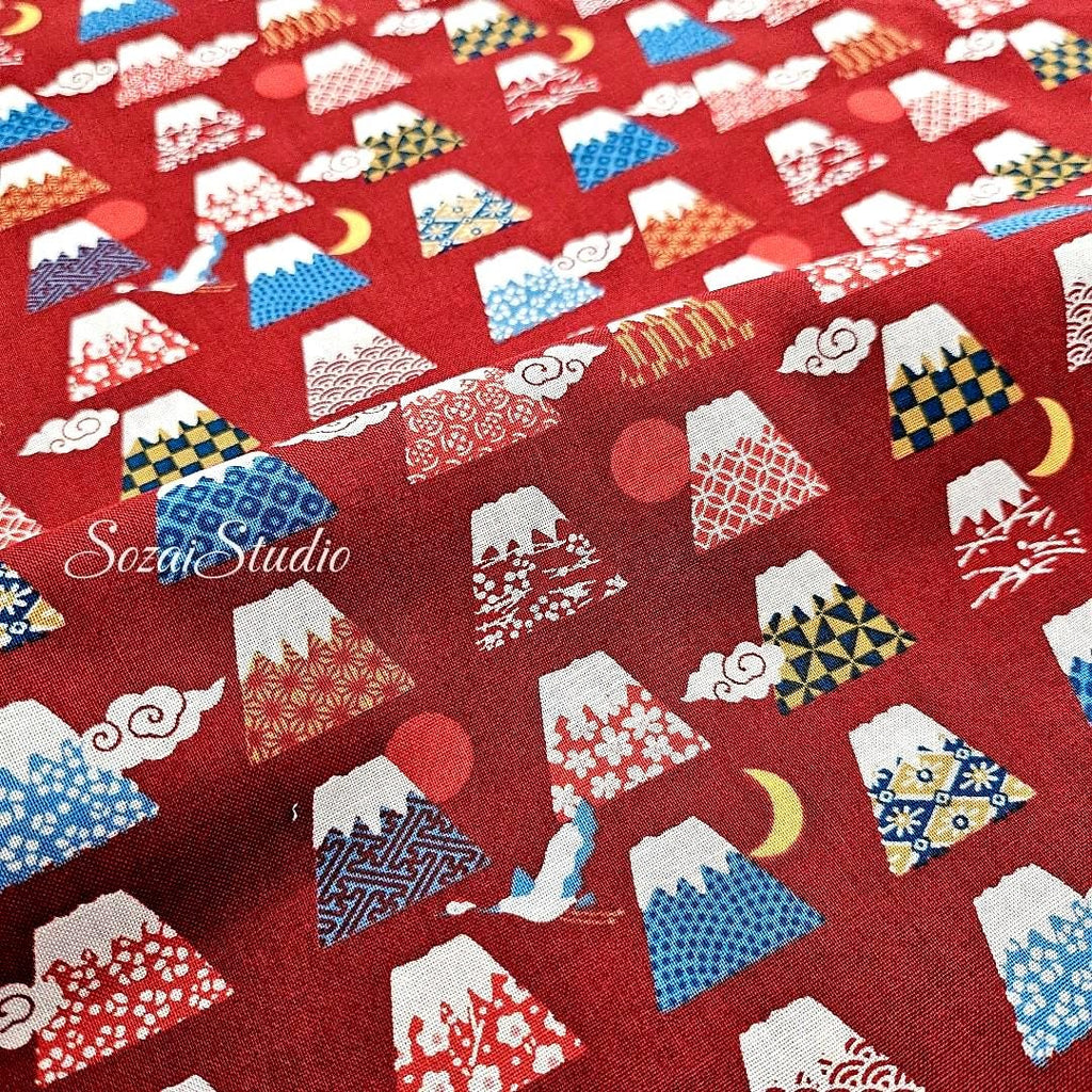 Japanese Fabric - Kawaii FUJI Mountain, BURGUNDY - 100% Cotton Square Printed, by the yard