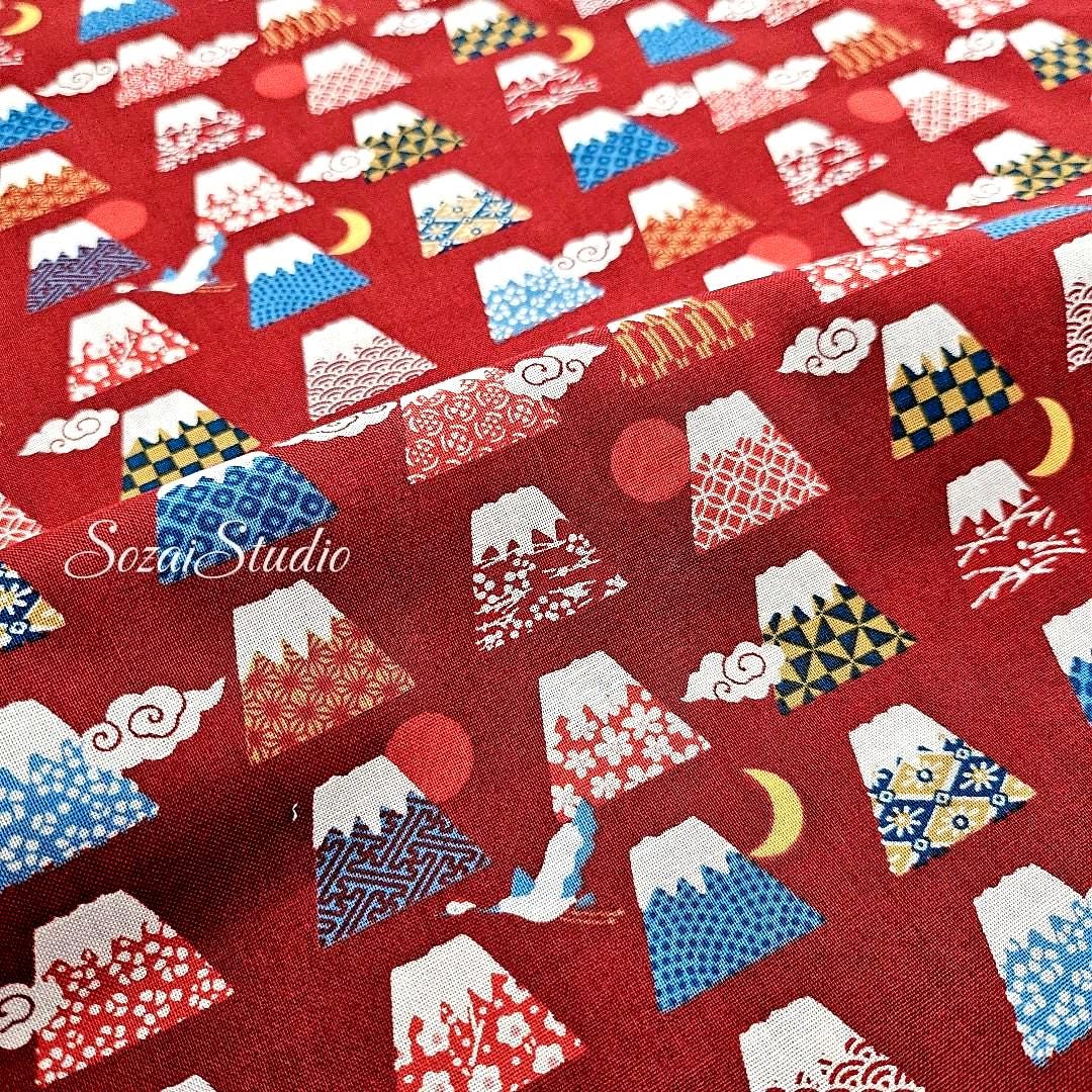 Japanese Fabric - Kawaii FUJI Mountain, BURGUNDY - 100% Cotton Square Printed, by the yard