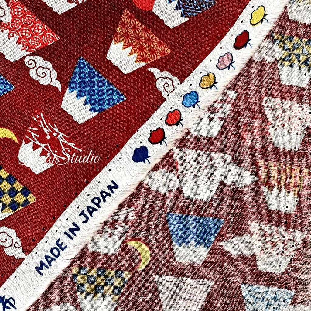 Japanese Fabric - Kawaii FUJI Mountain, BURGUNDY - 100% Cotton Square Printed, by the yard