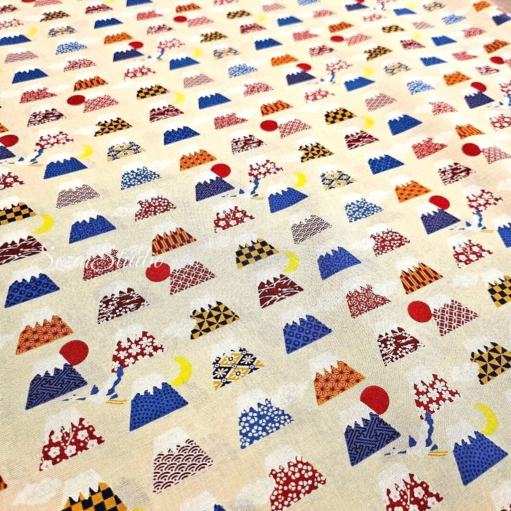 Japanese Fabric - Kawaii FUJI Mountain, BEIGE - 100% Cotton Square Printed, by the yard