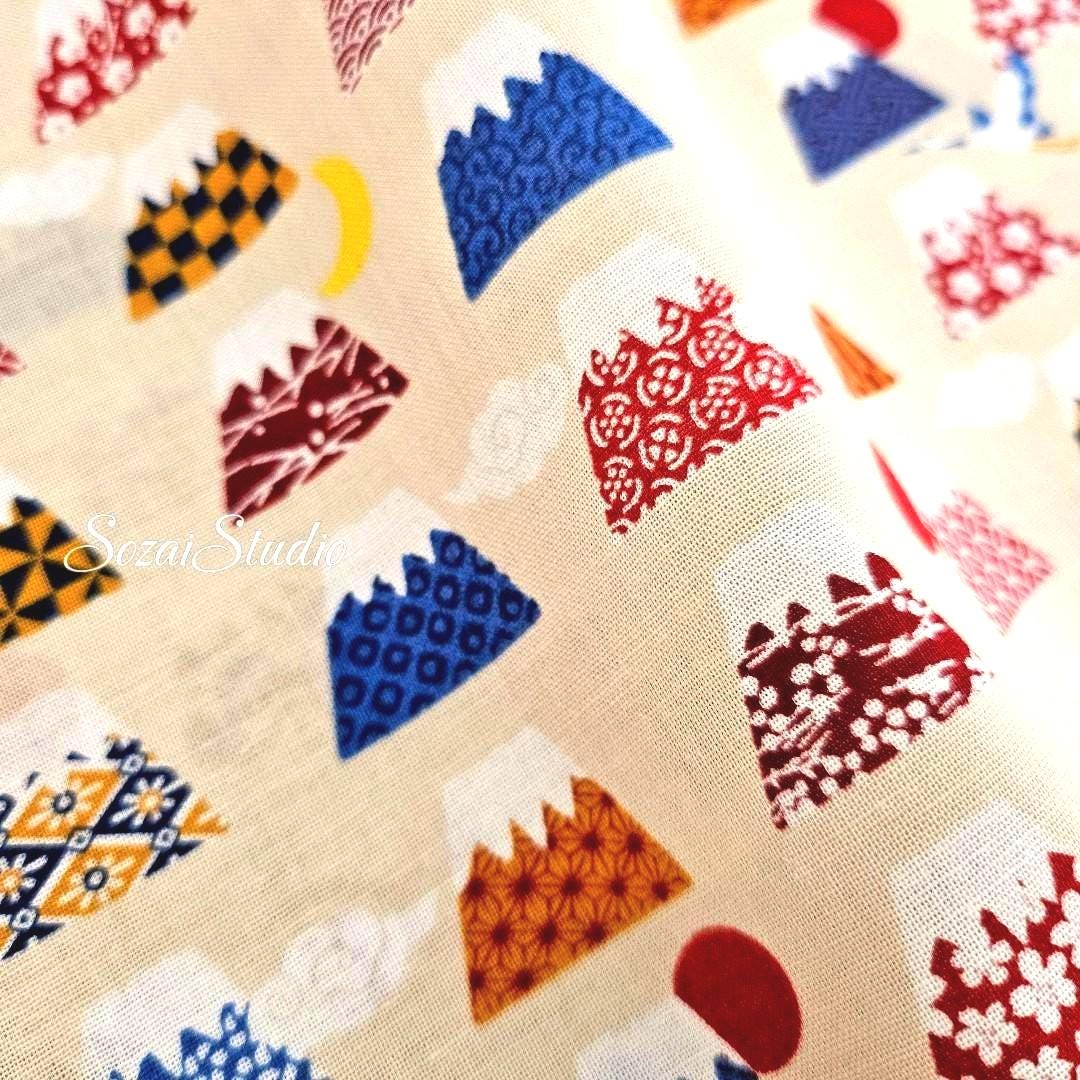 Japanese Fabric - Kawaii FUJI Mountain, BEIGE - 100% Cotton Square Printed, by the yard