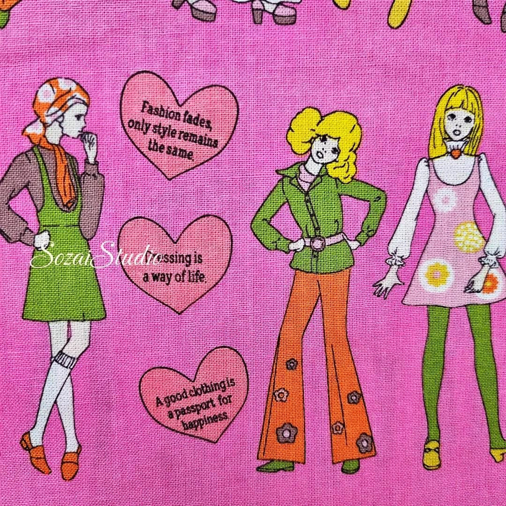 Koko Seki Japanese Fabric: 70's Retro Disco Girls Print, Pink Cotton Muslin, by the yard