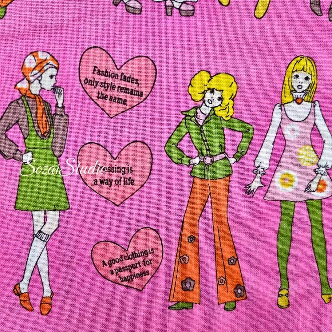 Koko Seki Japanese Fabric: 70's Retro Disco Girls Print, Pink Cotton Muslin, by the yard