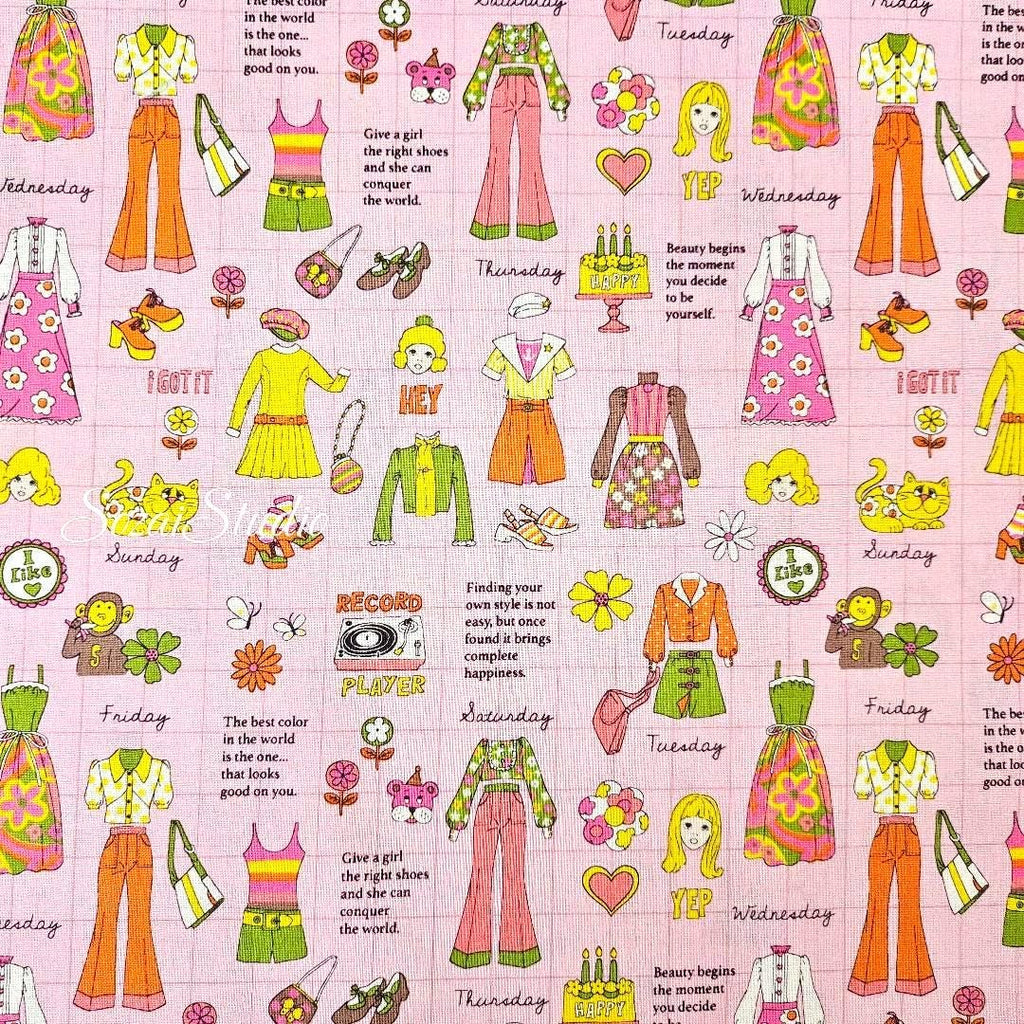 Koko Seki Japanese Fabric: 1970s Retro Print Cotton Muslin - Pink, by the yard