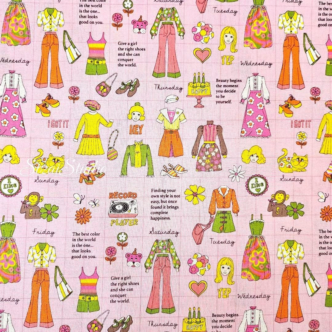 Koko Seki Japanese Fabric: 1970s Retro Print Cotton Muslin - Pink, by the yard