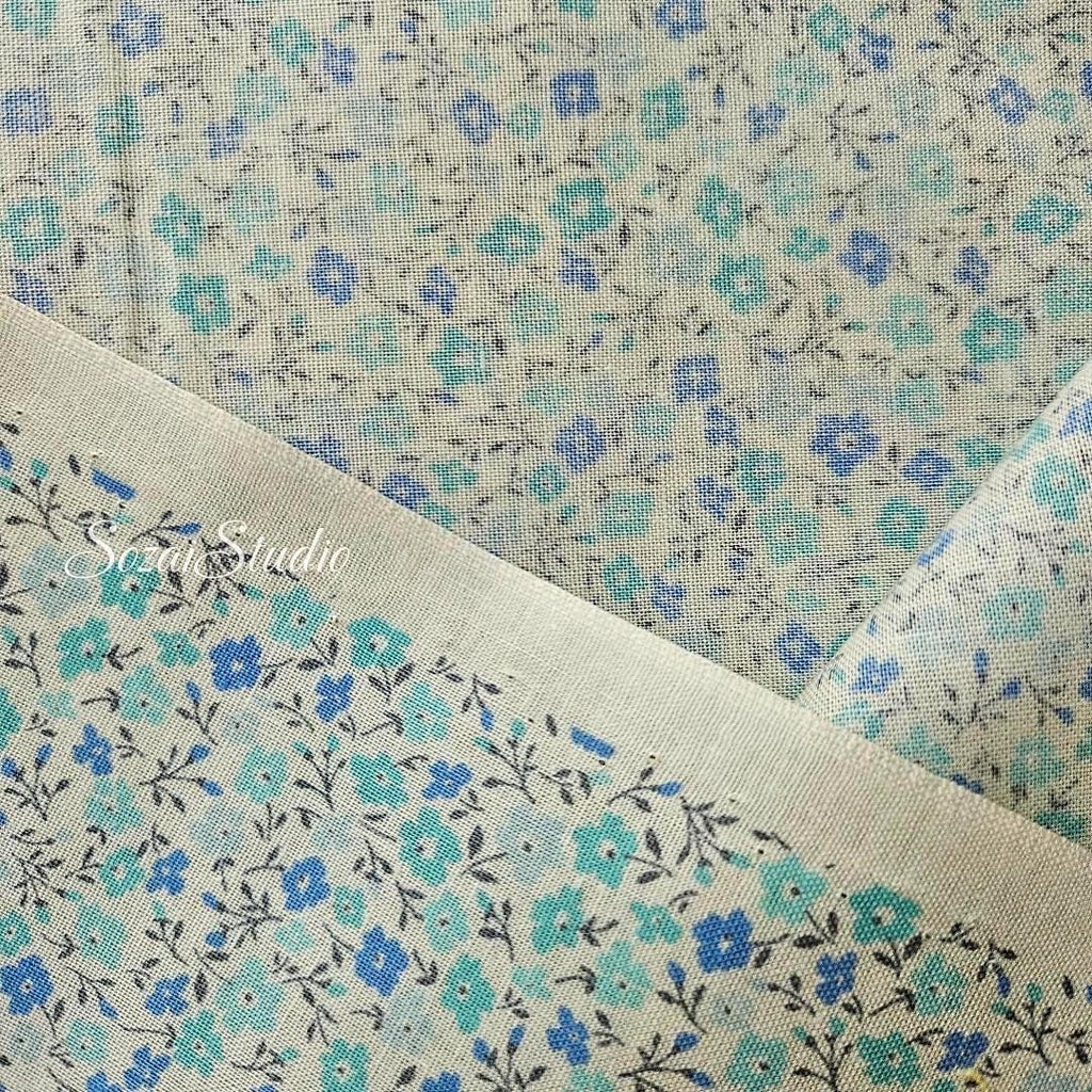 Japanese Cotton Fabric: Blue Floral Print - Flore Collection, by the yard