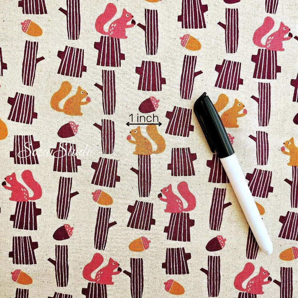 Japanese fabric - Adorable Squirrel and Acorn - Purple - Linen Blend Canvas, by the yard
