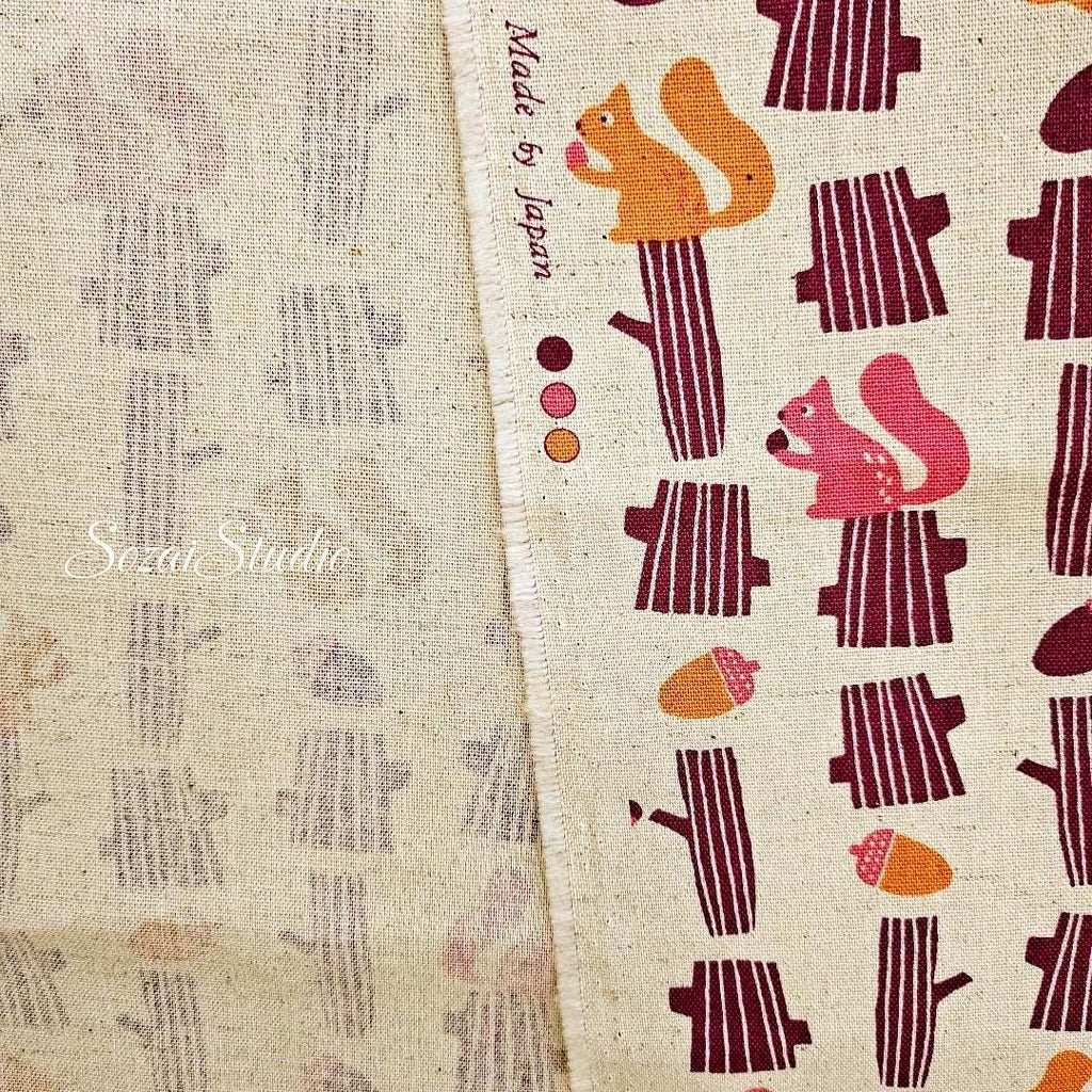 Japanese fabric - Adorable Squirrel and Acorn - Purple - Linen Blend Canvas, by the yard