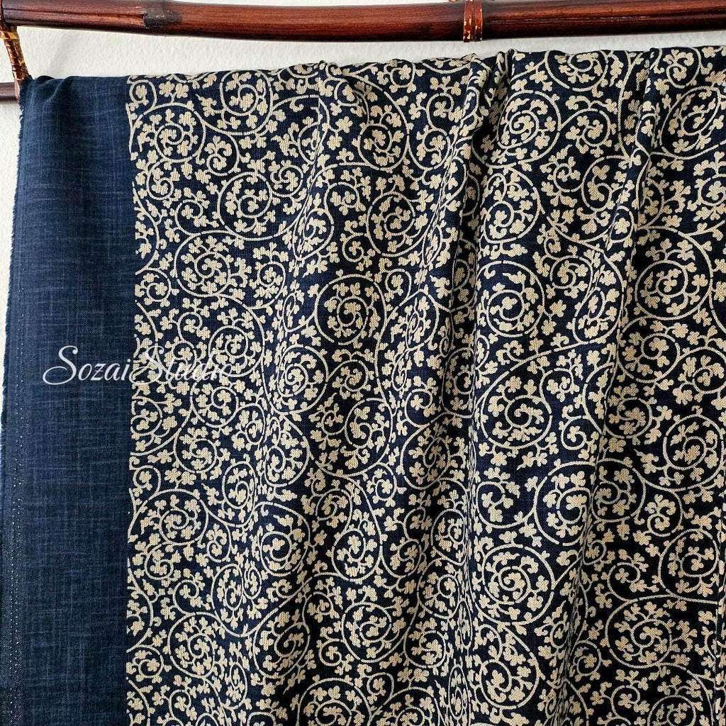1 Yard Indigo Slub Japanese Cotton Fabric: Hand-Dyed Karakusa Pattern