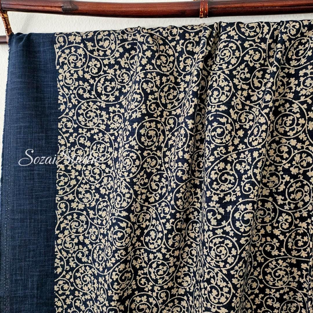 1 Yard Indigo Slub Japanese Cotton Fabric: Hand-Dyed Karakusa Pattern