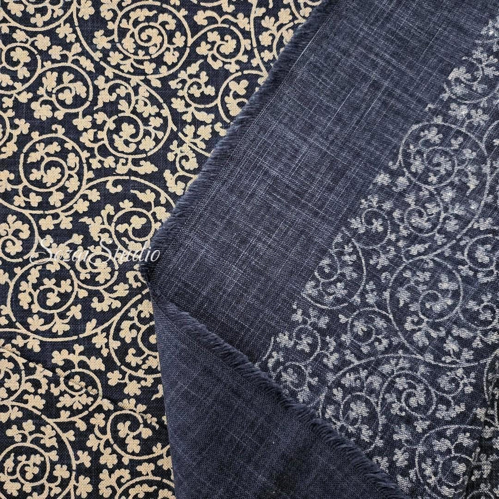 1 Yard Indigo Slub Japanese Cotton Fabric: Hand-Dyed Karakusa Pattern