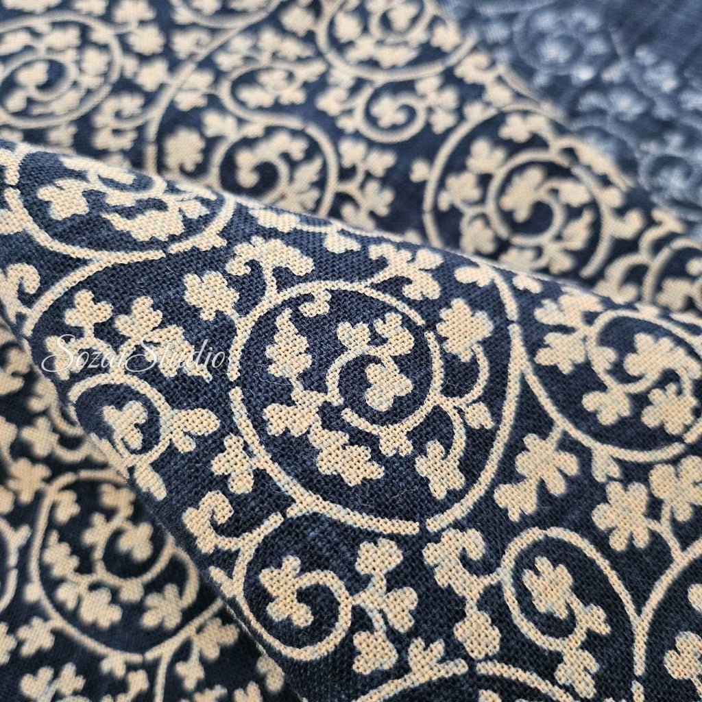 1 Yard Indigo Slub Japanese Cotton Fabric: Hand-Dyed Karakusa Pattern