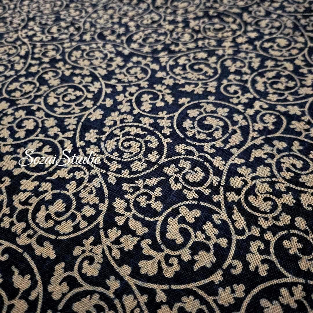 1 Yard Indigo Slub Japanese Cotton Fabric: Hand-Dyed Karakusa Pattern