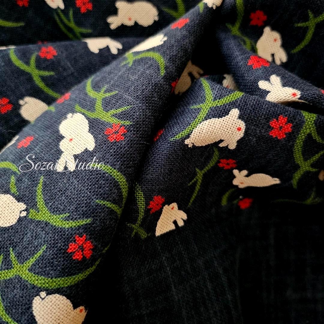 1 Yard Indigo Rabbit Slub Cotton Fabric: Hand-Dyed Japanese Wagara Print