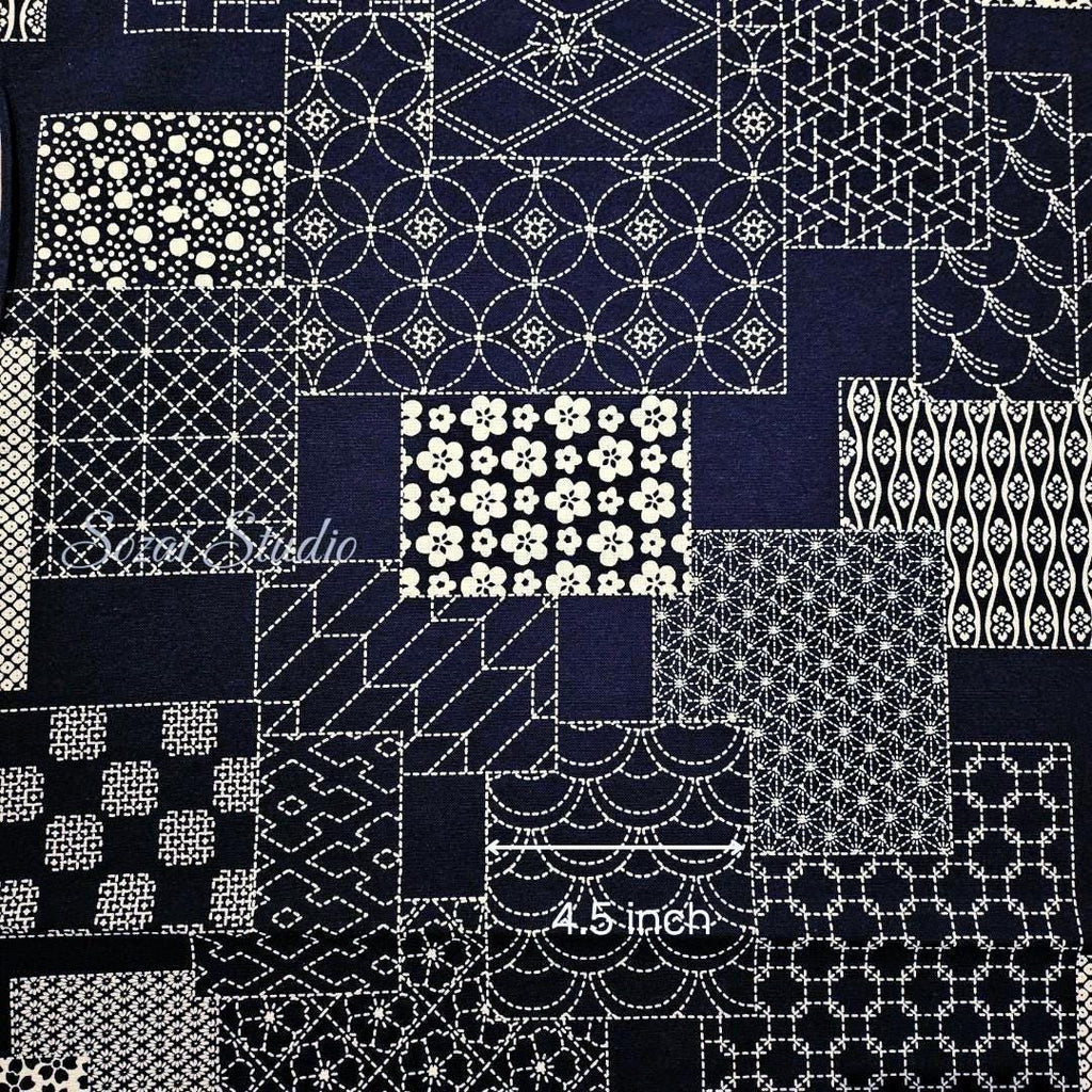Japanese fabric - Takumi series, Sashiko geometric patterns, Navy - 100% cotton sheeting, by the yard
