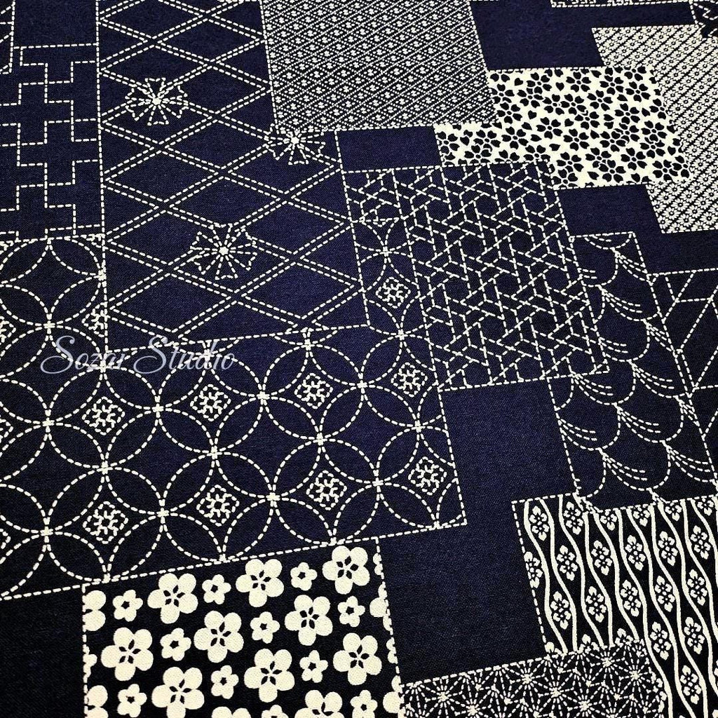 Japanese fabric - Takumi series, Sashiko geometric patterns, Navy - 100% cotton sheeting, by the yard