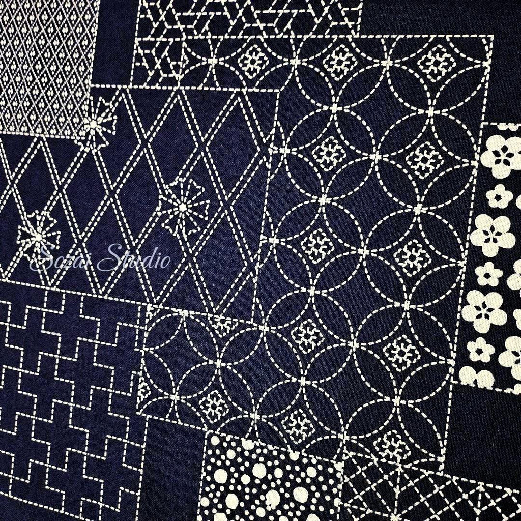 Japanese fabric - Takumi series, Sashiko geometric patterns, Navy - 100% cotton sheeting, by the yard