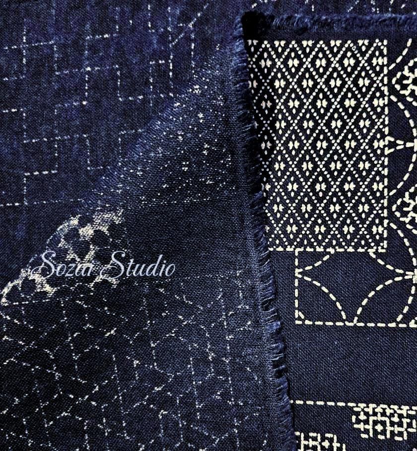 Japanese fabric - Takumi series, Sashiko geometric patterns, Navy - 100% cotton sheeting, by the yard