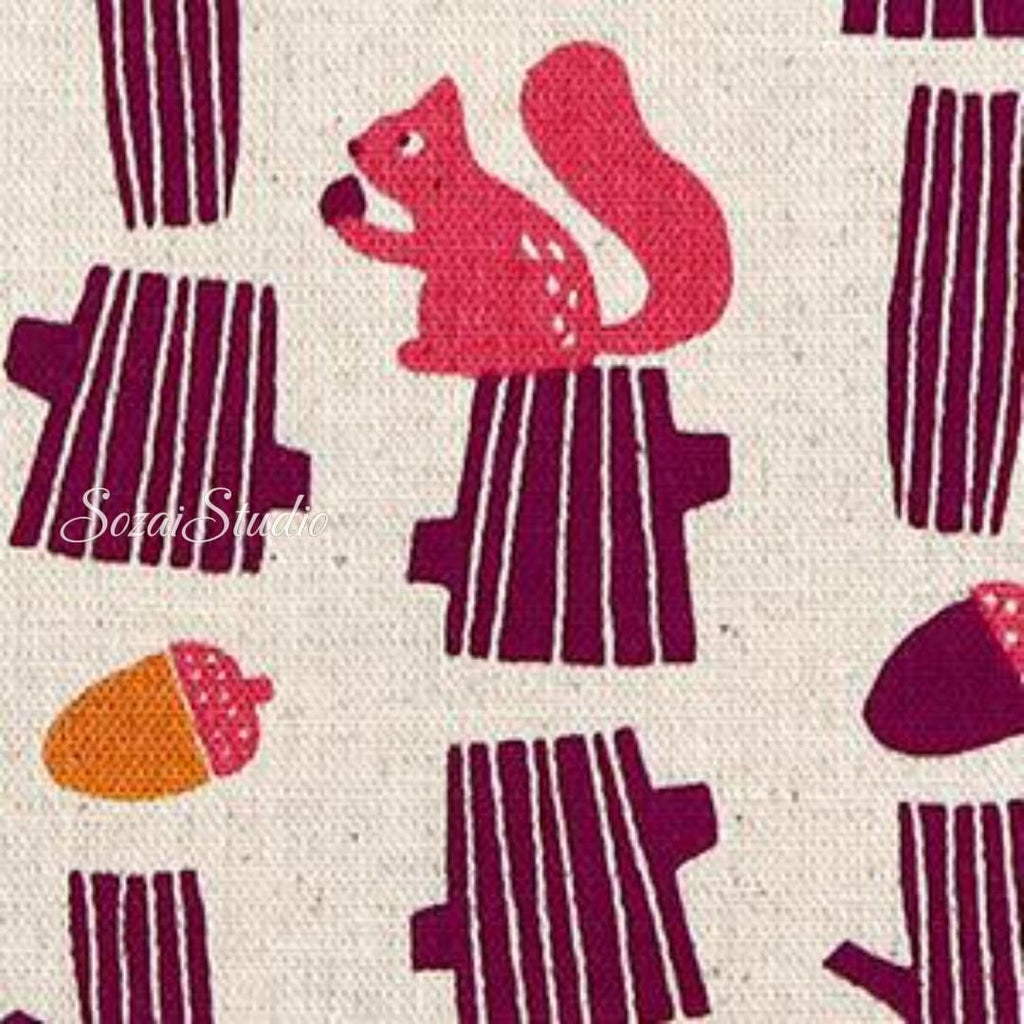 Japanese fabric - Adorable Squirrel and Acorn - Purple - Linen Blend Canvas, by the yard