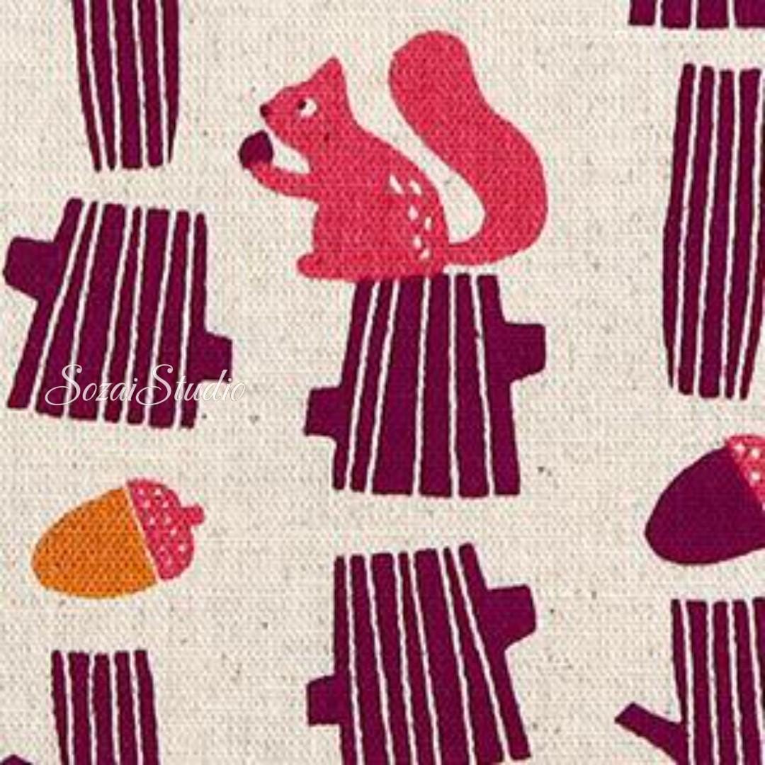 Japanese fabric - Adorable Squirrel and Acorn - Purple - Linen Blend Canvas, by the yard