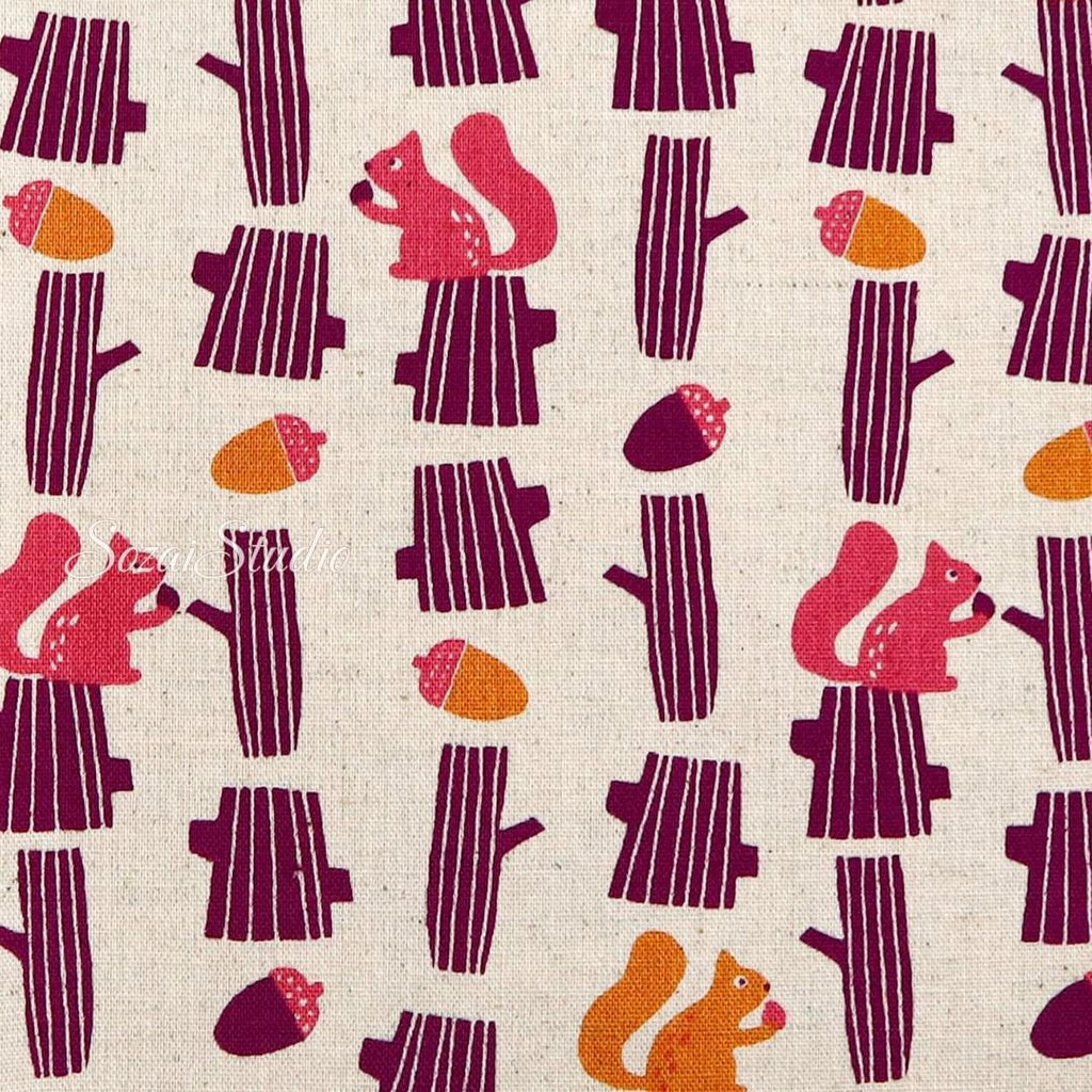 Japanese fabric - Adorable Squirrel and Acorn - Purple - Linen Blend Canvas, by the yard