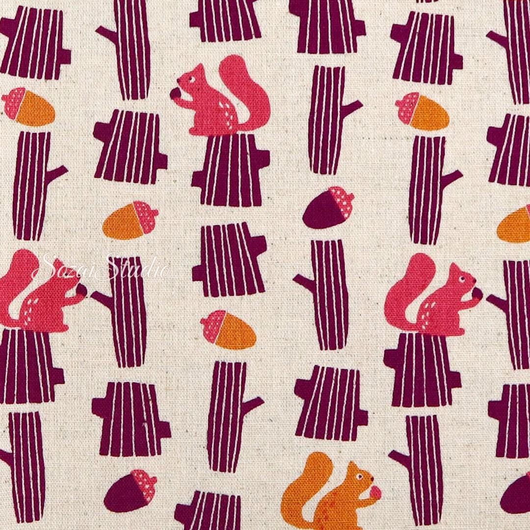 Japanese fabric - Adorable Squirrel and Acorn - Purple - Linen Blend Canvas, by the yard