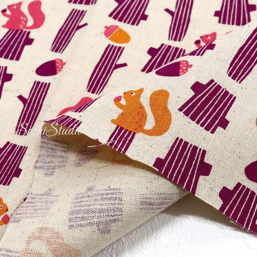 Japanese fabric - Adorable Squirrel and Acorn - Purple - Linen Blend Canvas, by the yard