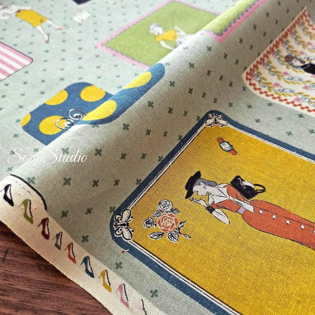 Retro Japanese Cotton Fabric: Koko Seki Green Print, by the yard