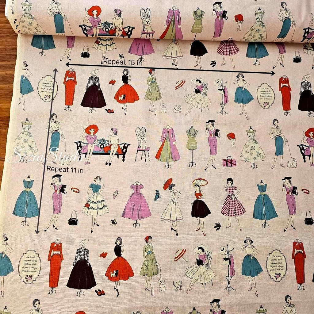 Japanese Cotton Fabric: Koko Seki Retro 70s Girls Print, Light Pink - by the yard