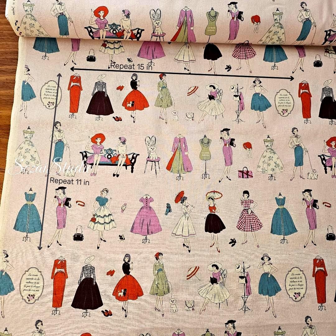 Japanese Cotton Fabric: Koko Seki Retro 70s Girls Print, Light Pink - by the yard