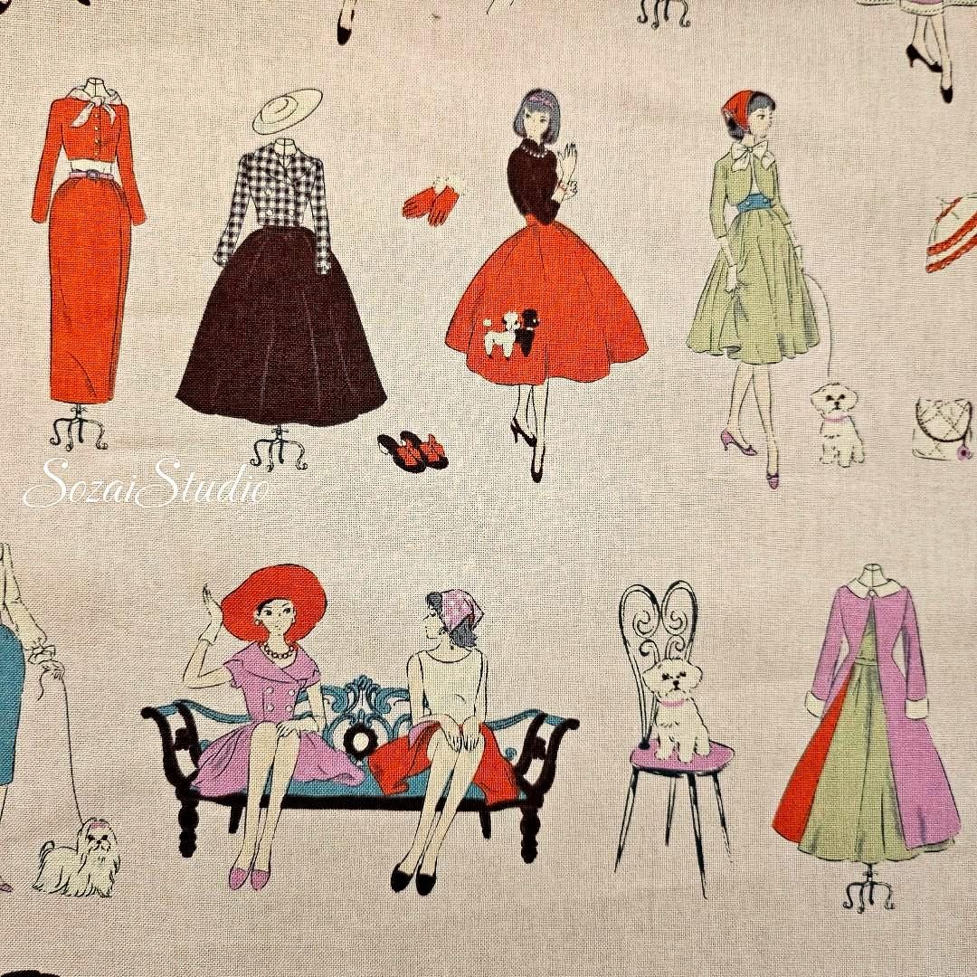 Japanese Cotton Fabric: Koko Seki Retro 70s Girls Print, Light Pink - by the yard