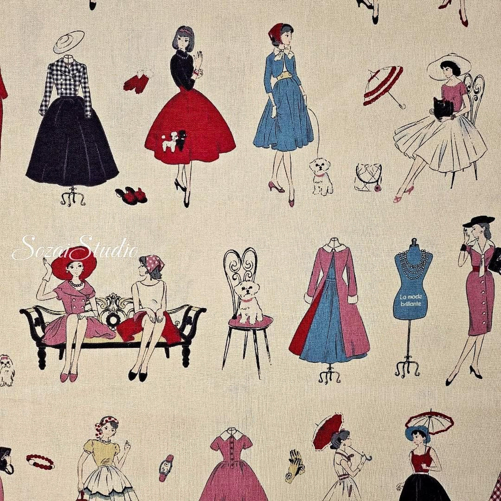 KOKO SEKI Japanese Cotton Fabric: 1970s Retro Print, Light Beige - By the yard