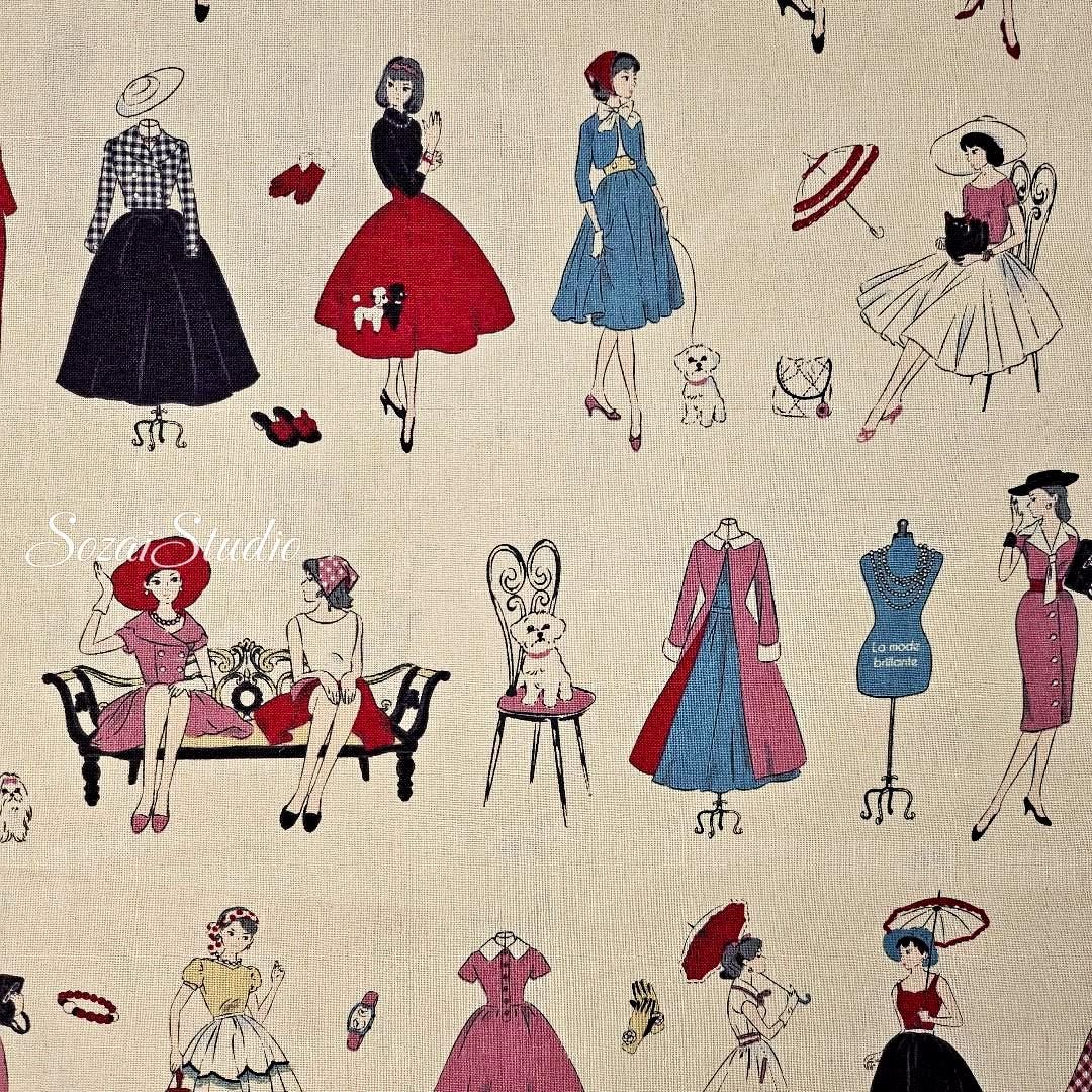 KOKO SEKI Japanese Cotton Fabric: 1970s Retro Print, Light Beige - By the yard