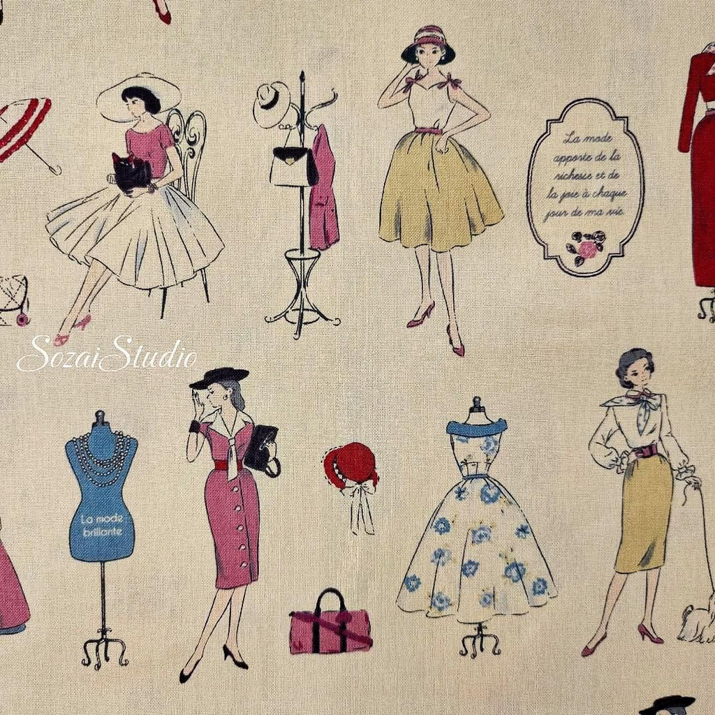 KOKO SEKI Japanese Cotton Fabric: 1970s Retro Print, Light Beige - By the yard