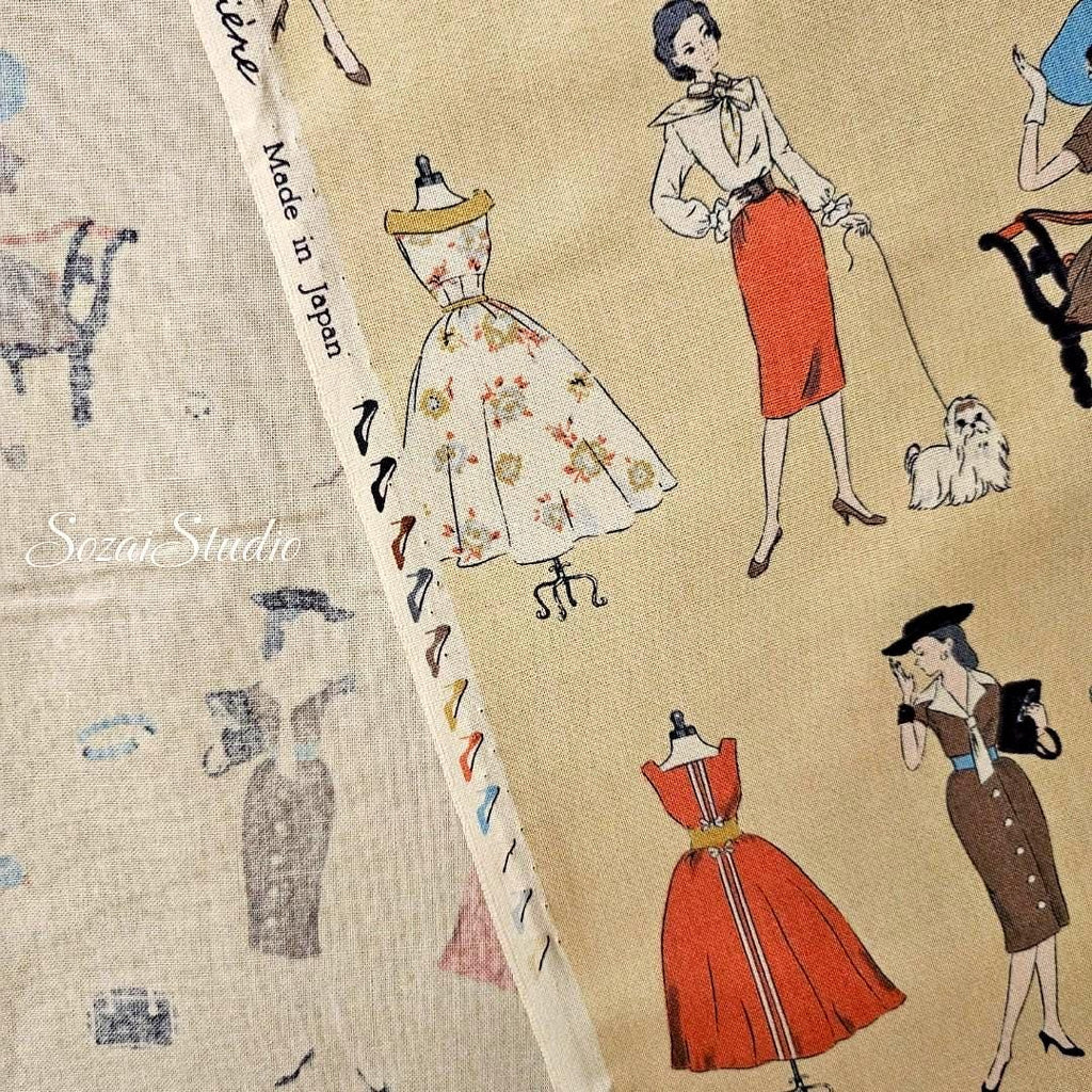 Koko Seki Japanese Cotton Fabric: 1970s Retro Girls Print, Light Yellow, by the yard
