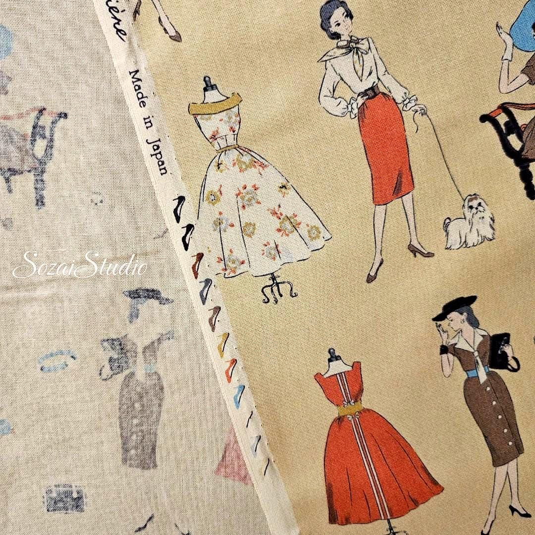 Koko Seki Japanese Cotton Fabric: 1970s Retro Girls Print, Light Yellow, by the yard