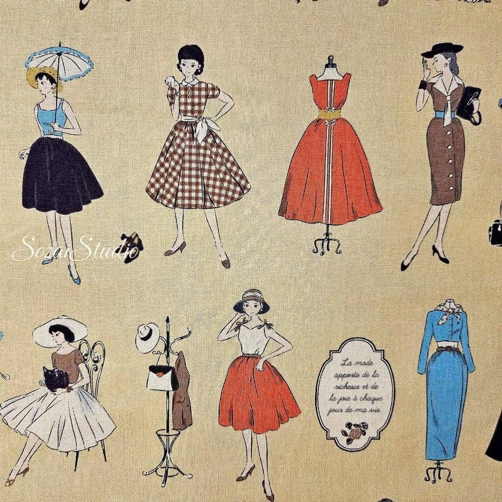 Koko Seki Japanese Cotton Fabric: 1970s Retro Girls Print, Light Yellow, by the yard