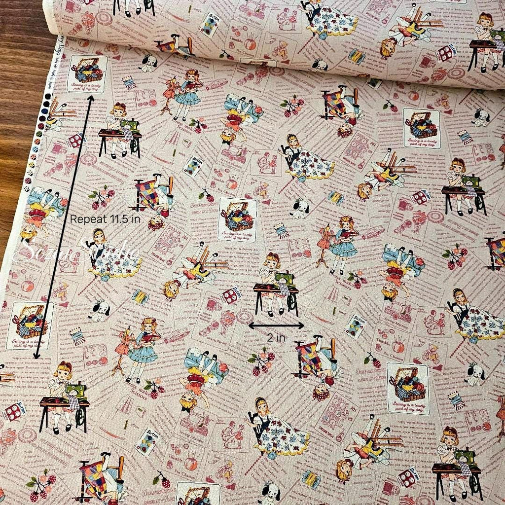 KOKO SEKI Japanese Fabric: Sewing Girl Collage, Light Pink Cotton - by Yard