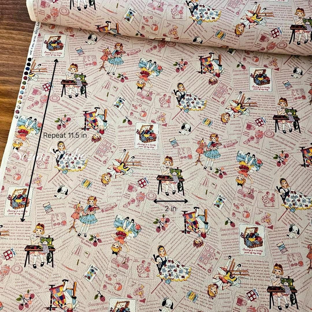 KOKO SEKI Japanese Fabric: Sewing Girl Collage, Light Pink Cotton - by Yard