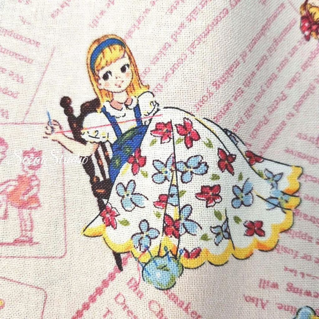 KOKO SEKI Japanese Fabric: Sewing Girl Collage, Light Pink Cotton - by Yard