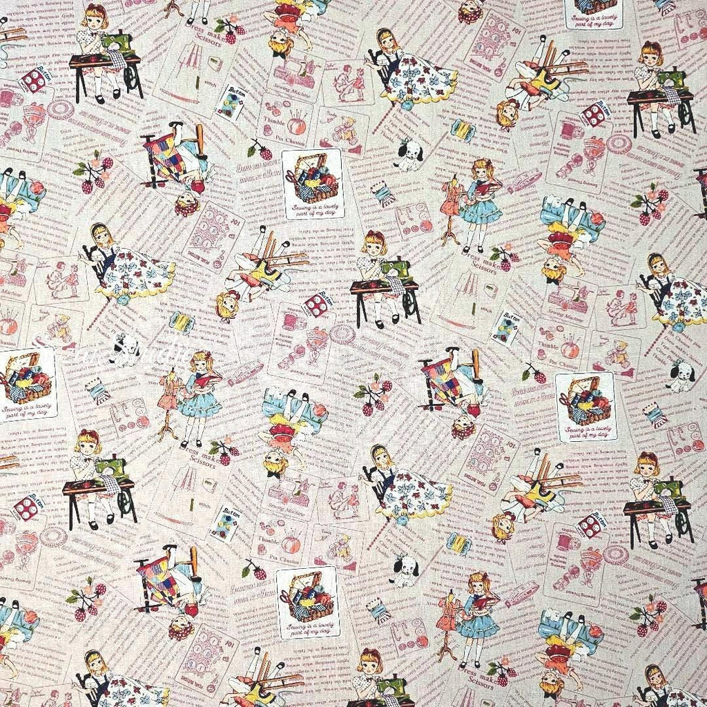 KOKO SEKI Japanese Fabric: Sewing Girl Collage, Light Pink Cotton - by Yard