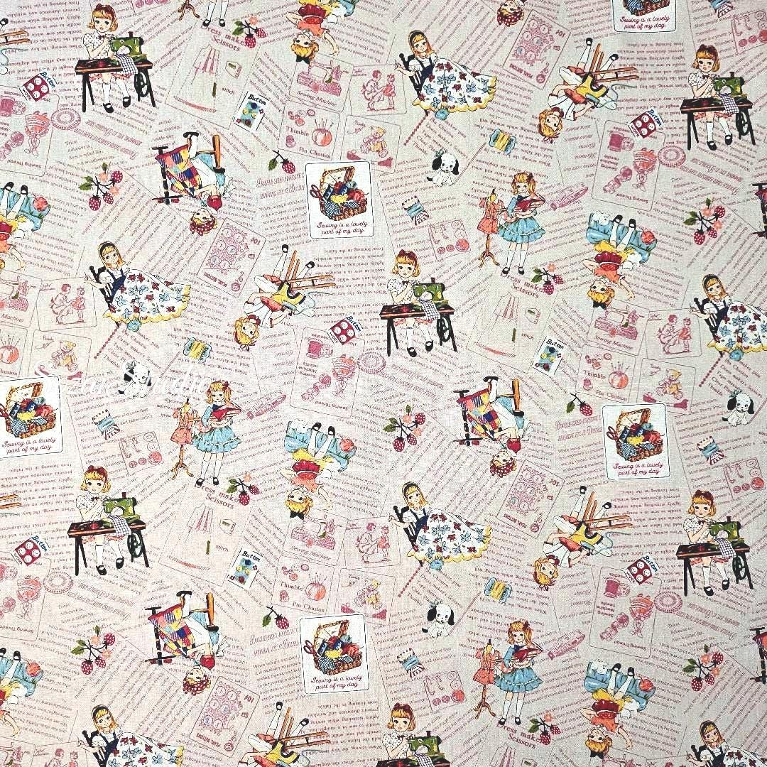 KOKO SEKI Japanese Fabric: Sewing Girl Collage, Light Pink Cotton - by Yard