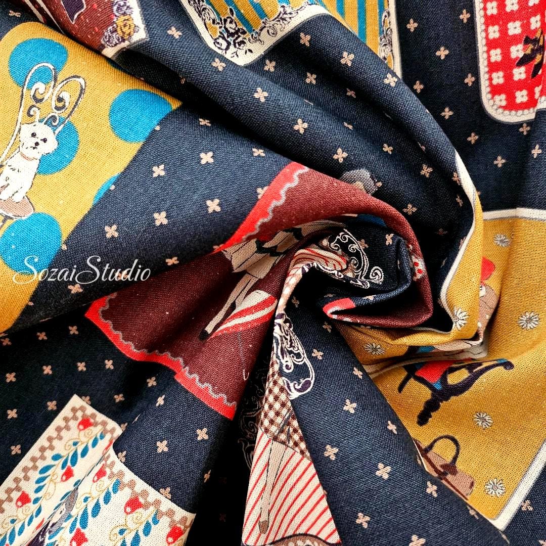 Japanese Cotton Fabric: KOKO SEKI Retro Print, Navy Blue - By the yard